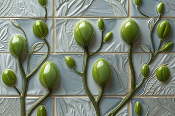 Textured Semi Gloss Wall Finish Featuring 3D Oval Green Bud Designs and Artisan Crafted Tiles