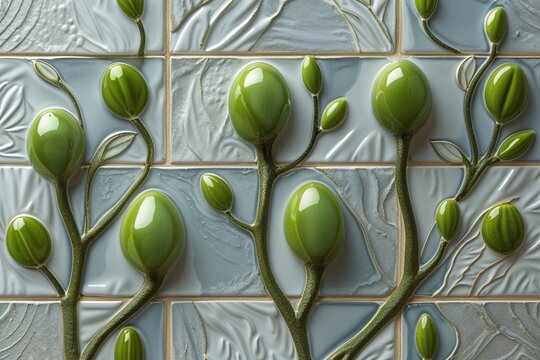 Textured Semi Gloss Wall Finish Featuring 3D Oval Green Bud Designs and Artisan Crafted Tiles