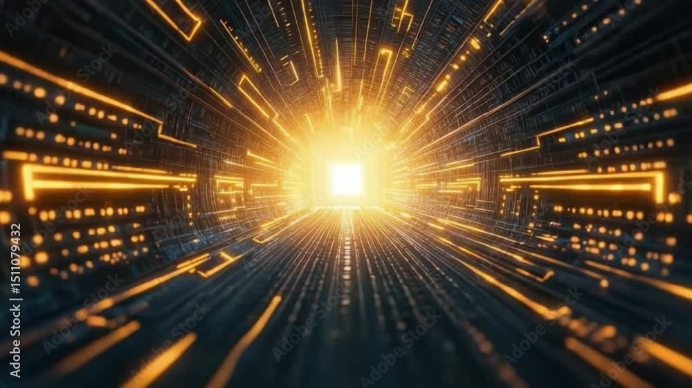 Poster abstract futuristic digital tunnel with glowing lines and bright light at the end conveying technolo