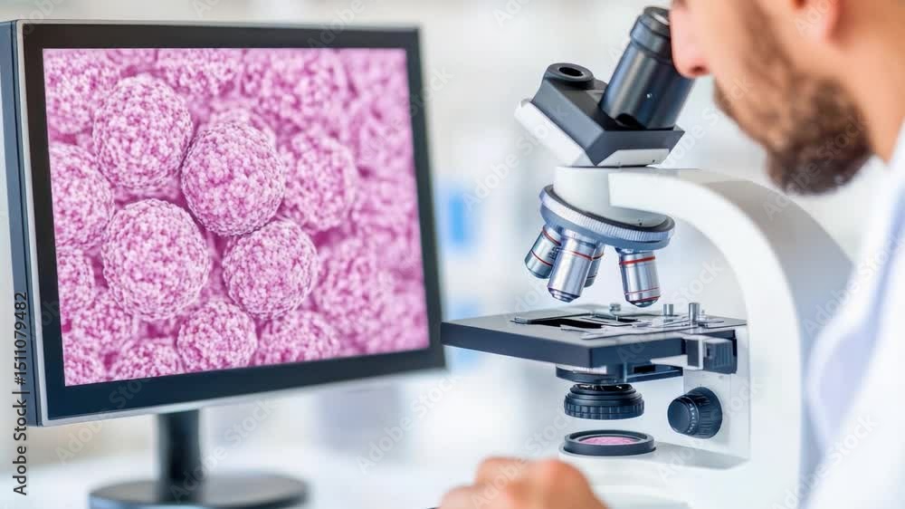 Poster close-up view of scientist analyzing biological samples under microscope in modern laboratory settin