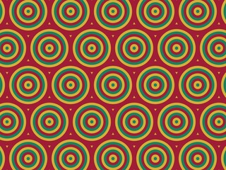 Seamless pattern of concentric circles in red, gold, and green, creating a vibrant and visually striking design perfect for various applications.