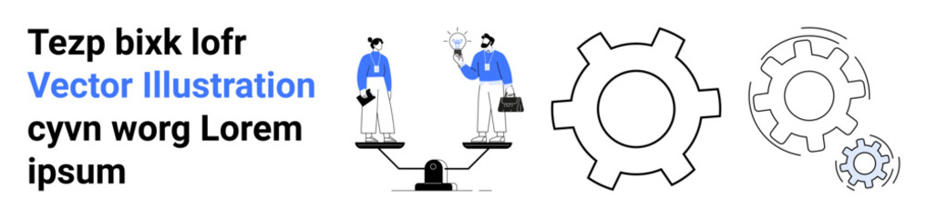 Two people on a balance scale holding gears signifying teamwork, innovation, balance, and efficiency. Gears emphasize productivity, workflow, and collaboration. Ideal for teamwork, innovation