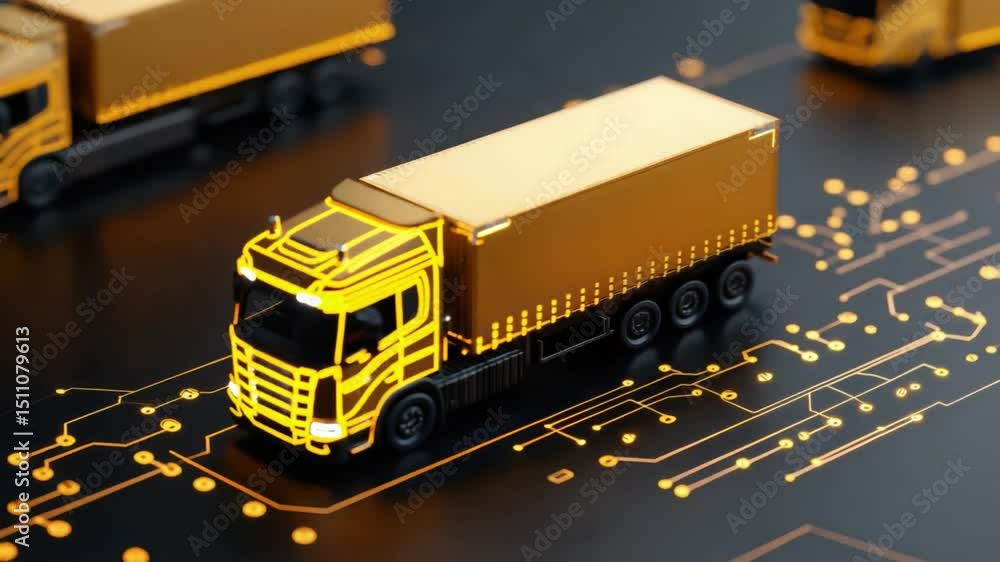 Poster golden delivery truck on circuit board background with digital patterns and technology elements in f