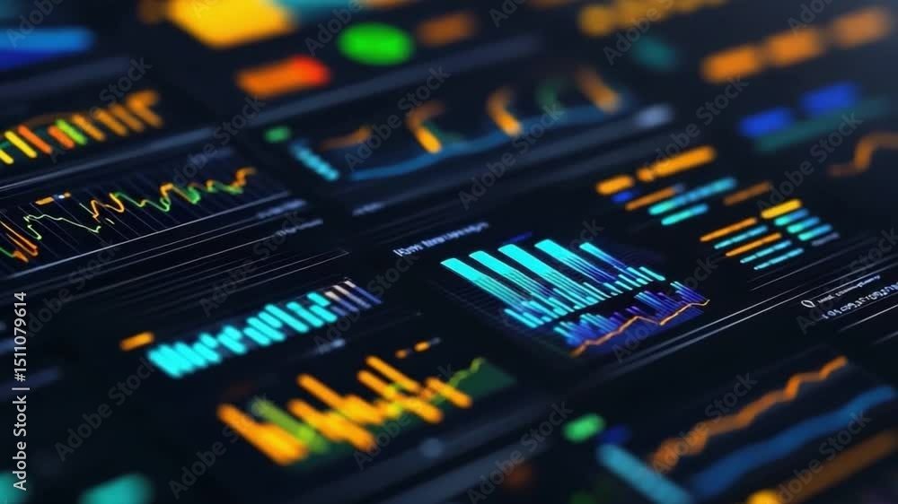 Poster colorful data visualization with various graphs and charts displaying financial and analytical infor