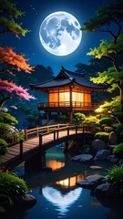 A Japanese style house illuminated by a full moon sits over calm water and colorful trees at night.