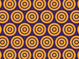 Seamless pattern of concentric circles in vibrant orange and yellow hues on a deep purple background, ideal for textile or web design.