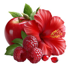 Bright raspberry and crisp apple with vibrant hibiscus flower petals – food photography PNG isolated on transparent background