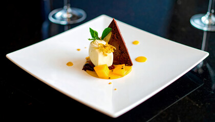 An exquisite plated dessert featuring a scoop of vanilla ice cream, chocolate, mango and mint on a white square plate. Perfect for food blogs, restaurant menus and gourmet photography