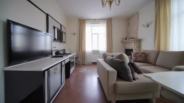 Camera glides from a corridor with white walls and wooden flooring into a contemporary apartment living area. - Powered by Adobe