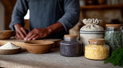 eco-friendly kitchen, rustic kitchen with glass jars, cloth bags, bulk food containers, cooking from scratch, promoting zero waste and anti-consumerism