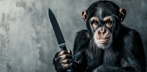 A chimpanzee observes a sleek, modern laptop computer positioned on a red stand against a solid backdrop, allowing for copy space, symbolizing the digital world, information, and education