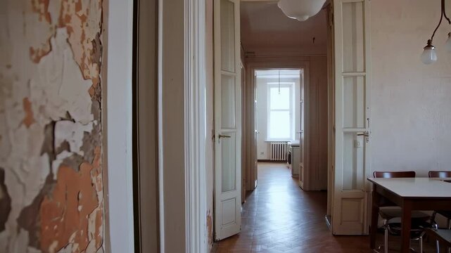 Interior view of a vintage apartment in need of renovation, featuring a hallway with herringbone parquet floors, aged white doors, and a prominent wall with cracked and peeling beige paint in natural.