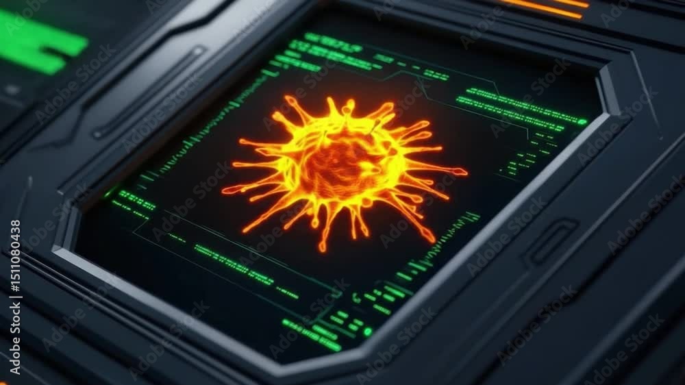 Poster abstract digital visualization with glowing virus illustration on futuristic computer screen interfa
