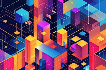 Isometric Digital Blocks Abstract Geometric Background with Blockchain Network Design