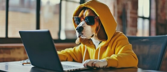 Adorable canine in glasses and hoodie telecommutes during lockdown with ample space for text or graphics