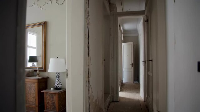 Interior perspective of a house undergoing renovation, focusing on a hallway with significant wall damage, including cracks and peeling paint.