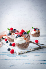 Chia vanilla pudding with cream cheese quark, crunchy muesli and wild berries served as a close-up in a classic dessert glass