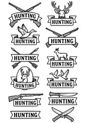 Hunting Vector Artwork: Black and White Silhouette Design of Deer, Duck, Elk, Moose with Crossed Guns and Antlers &ndash; Outdoor Adventure Nature Illustration in Vector Art Style