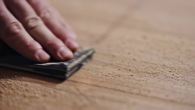 A person's hand carefully smooths a wooden plank using a piece of sandpaper in a detailed closeup.