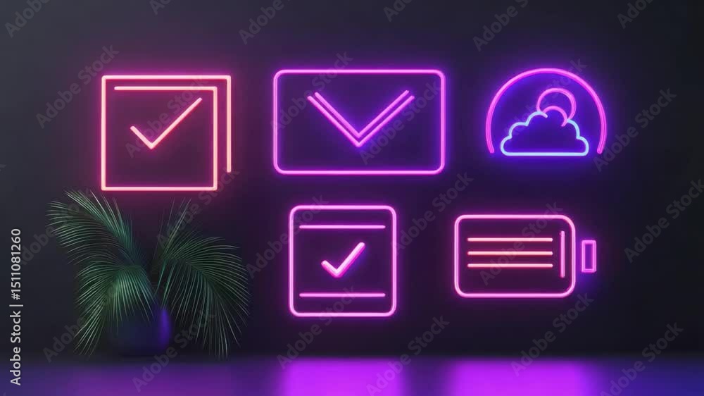 Poster neon checkmark and icon display with modern design in a dark environment for creative backgrounds an
