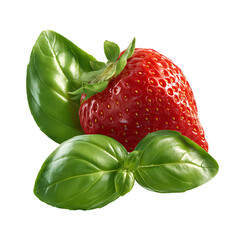 Juicy strawberry with fresh basil leaves – vibrant food photography PNG isolated on transparent background