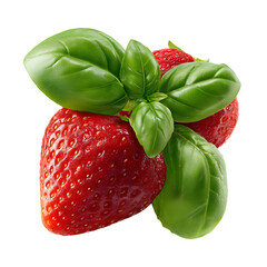 Juicy strawberry with fresh basil leaves – vibrant food photography PNG isolated on transparent background