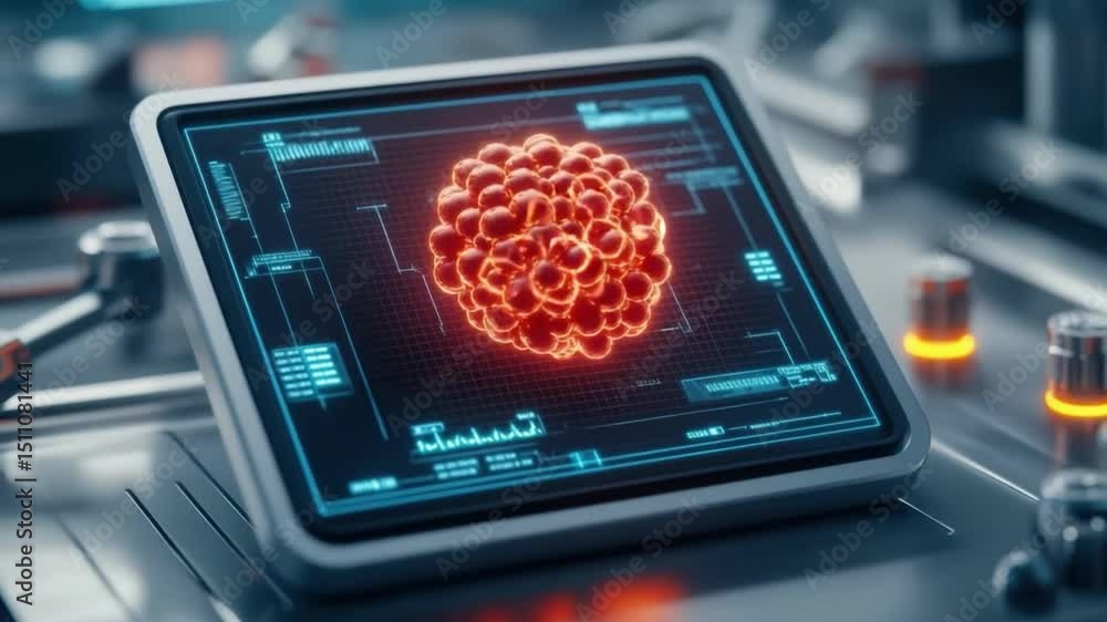Poster advanced technology interface displaying 3d visualization of microbial cell structure in modern labo