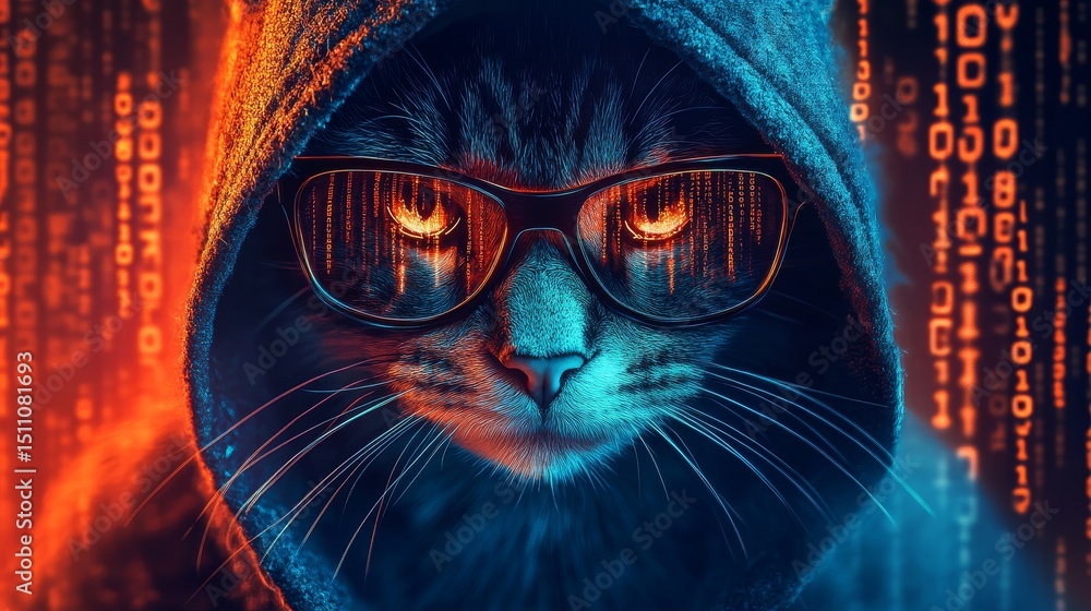 Poster a hacker wearing a hood with computer code reflected on his glasses embodies concepts of spying, tec