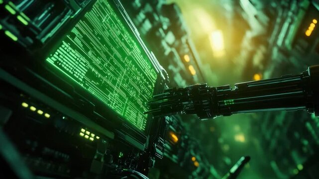 Futuristic Computer Server Room with Neon Lights and Circuit Patterns in a High-Tech Environment