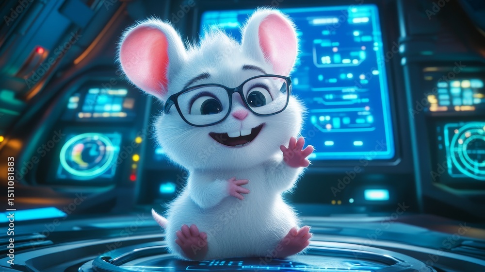 Poster a mouse in glasses is seen in a futuristic data center, making it an adorable tech mouse with an adv