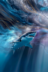 Majestic Shark Gliding Through Abstract Ocean Currents