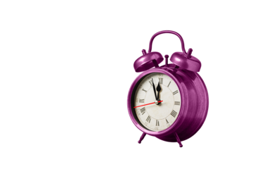 retro clock, watch, pointer clock, Pink color alarm clock on isolated white background close up