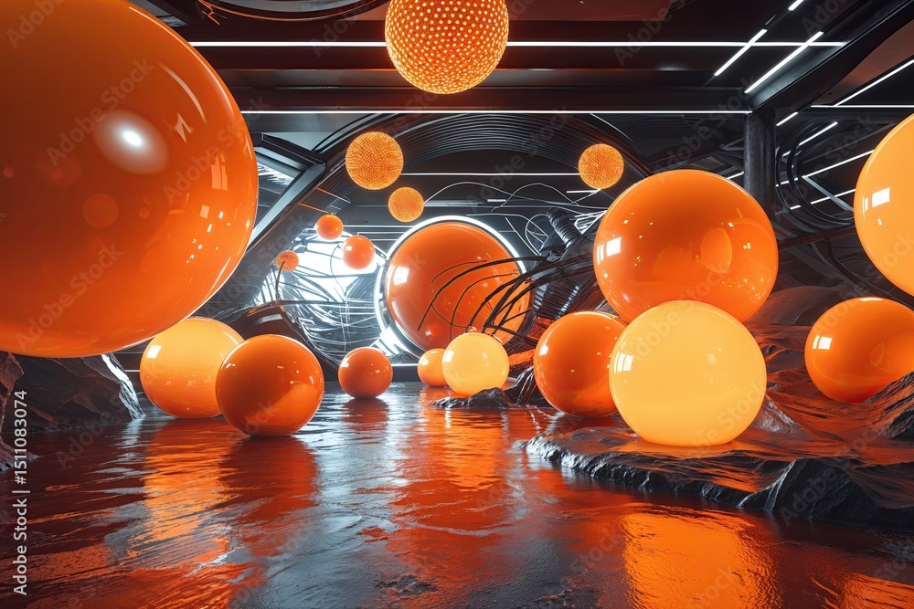 Aufkleber futuristic luminous spheres on vibrant orange background with dynamic abstract patterns