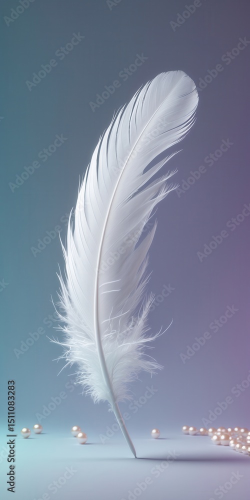 Poster white feather standing upright on a gradient background with scattered pearls around