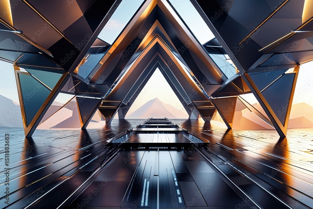 Poster innovative triangular architecture featuring layered digital elements and geometric design