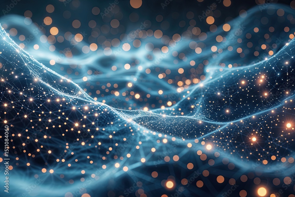 Poster futuristic visualization of ethereal particle flow and light texture networks