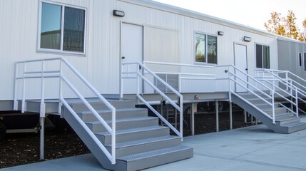 Modern modular buildings with steps and railings