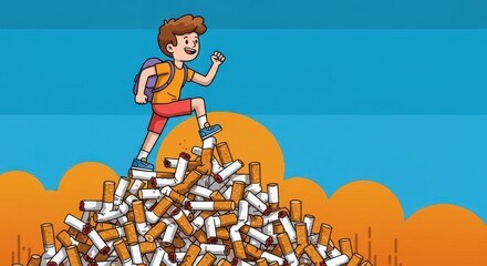Naklejka premium A young boy with a backpack climbs a large pile of cigarette butts under a colorful sky