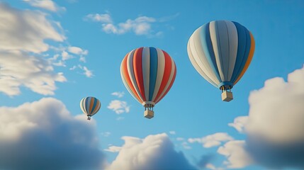 Fototapeta premium Colorful hot air balloons float in a clear sky filled with fluffy clouds.