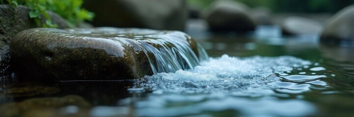 Close-up shot of water flowing over smooth stones, creating a gentle, soothing sound Perfect for relaxation, nature, and spa themes The image evokes tranquility and serenity , calm, liquid, gurgling