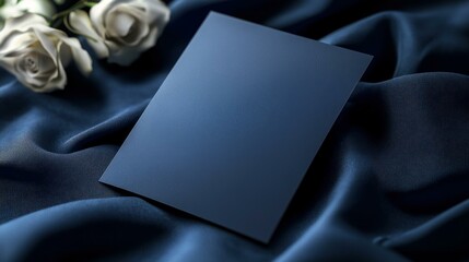  Elegant navy wedding RSVP card mockup on luxurious blue fabric with white roses for invitations
