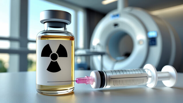 Medical syringe and radioactive vial in front of MRI scanner in a modern hospital setting