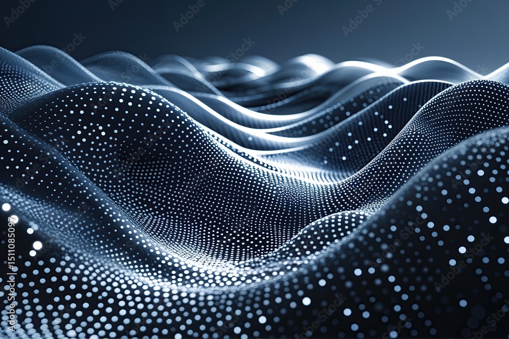 Poster geometric waves with flowing dots and lines in digital technology dimensions