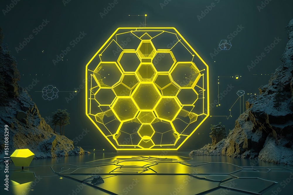 Poster bright yellow hexagon background for science and technology graphics
