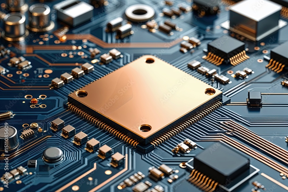 Fototapete textured circuit board design featuring metallic finishes and signal wave graphics in technology con