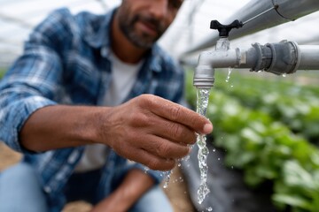 A farmer focusing on adjusting the water flow in a greenhouse, highlighting the importance of irrigation and careful management in sustainable farming practices.