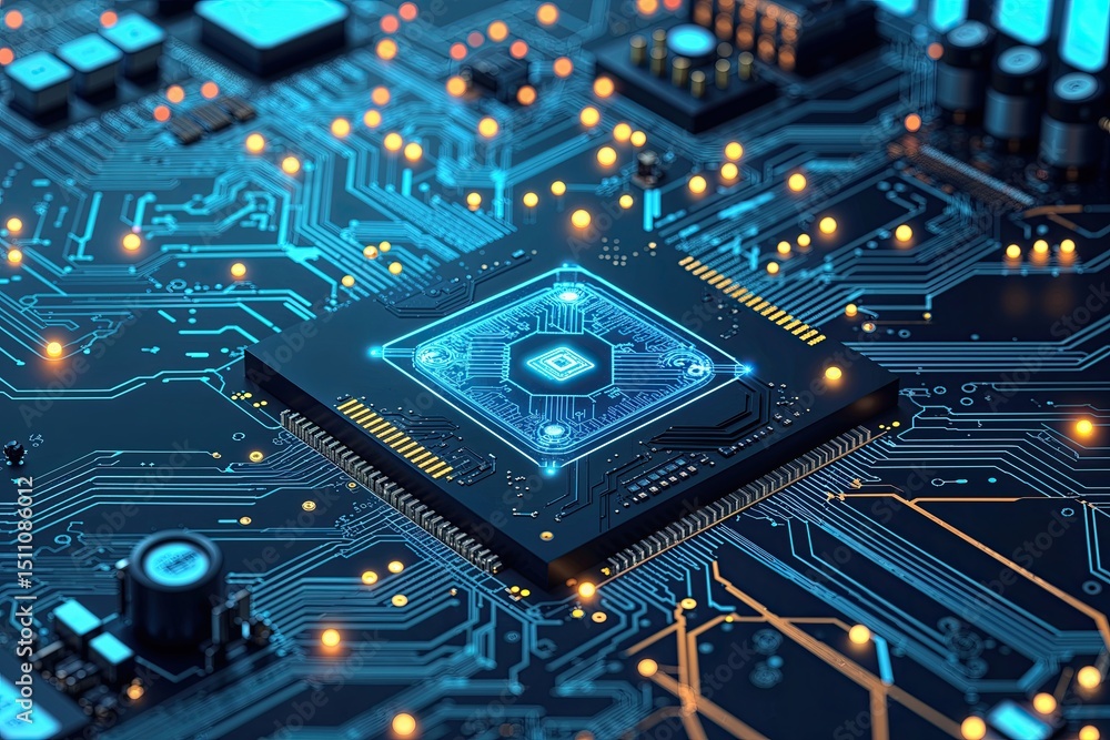 Poster futuristically styled circuit board interface with quantum waves and deep learning technology backgr