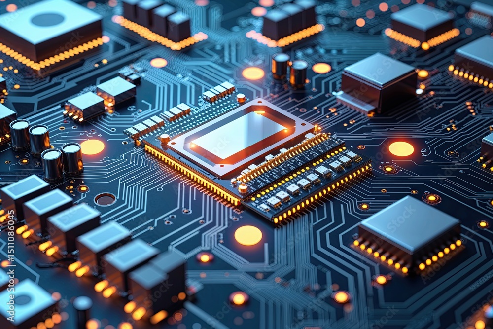 Poster futuristic quantum computing technology with advanced circuit board and wave patterns for tech innov