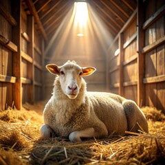 white sheep resting on hay in barn