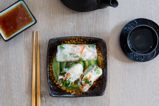 Vegetable spring rolls with chopsticks 